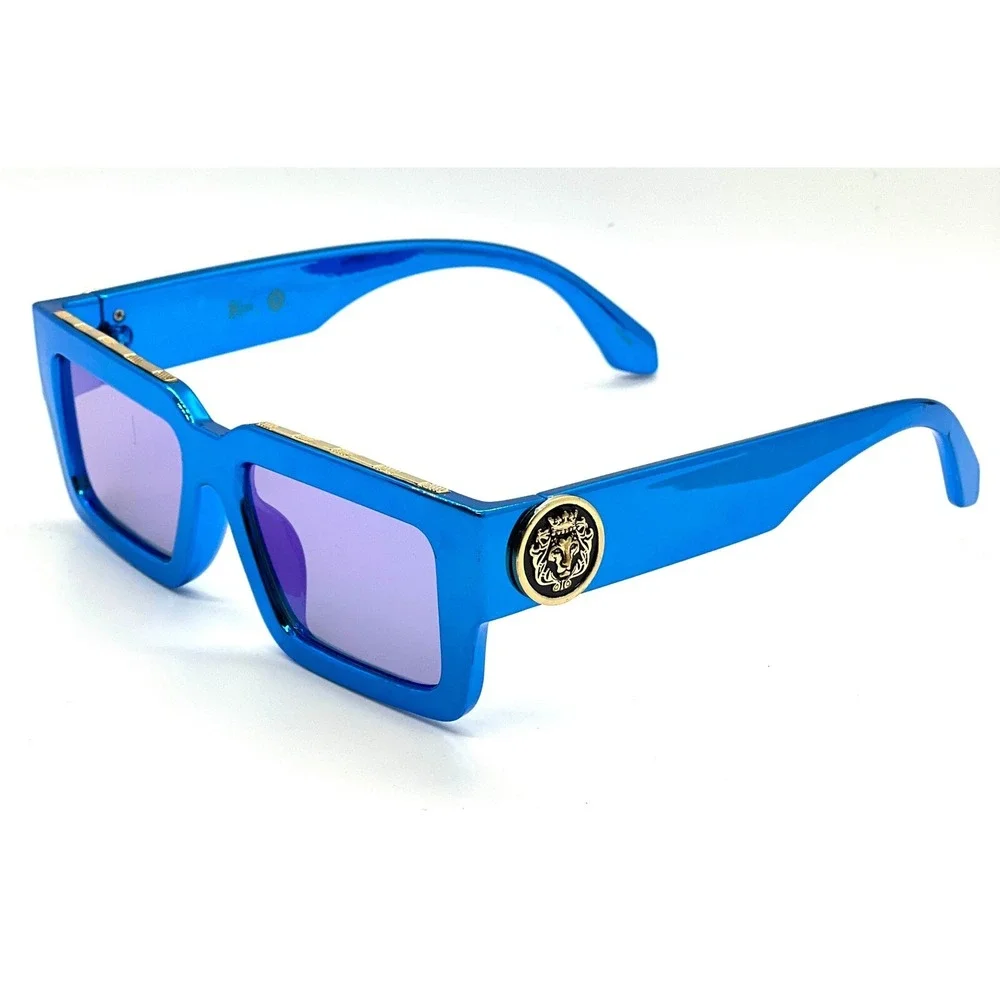 Blue Shinny Mirror Reflective Sunglasses Gold Accent Designer Fashion Shades Hot